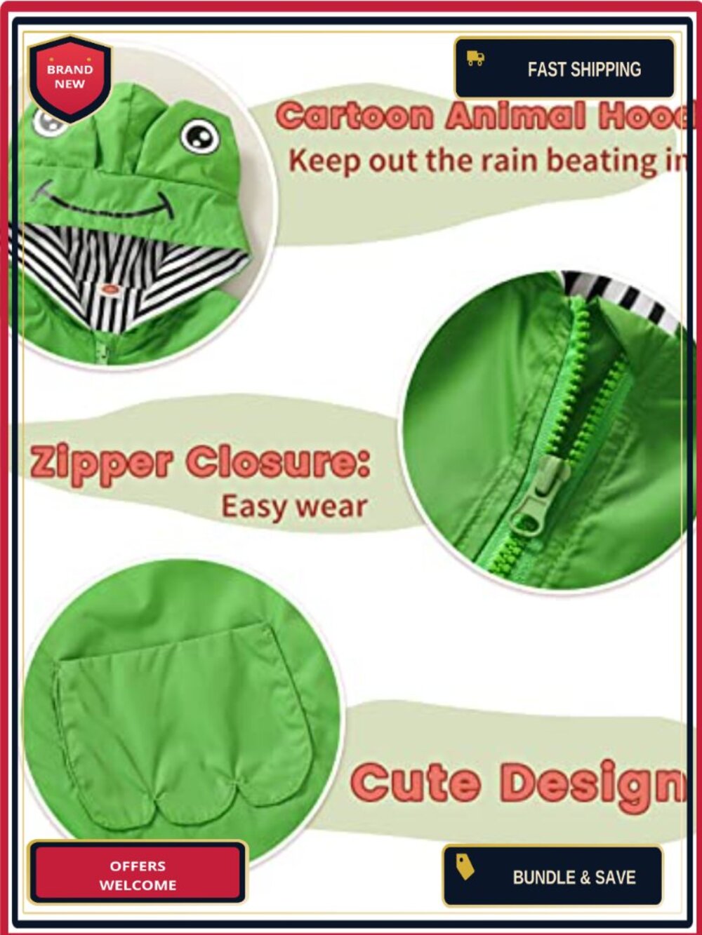 Toddler Boy Girl Duck Raincoat Cute Cartoon Hooded Zip Coat - Picture 3 of 6